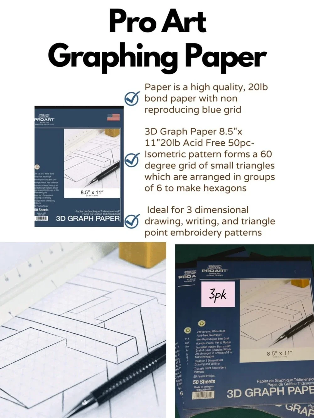 Pro Art 3D Isometric Graph Paper 8.5x11 Inch 20lb Acid Free 50 Sheets 3pk